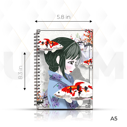 Ultra Koi Fish Japanese Girl 3D Lenticular Spiral Notebook Diary - A5 Size 100 Pages