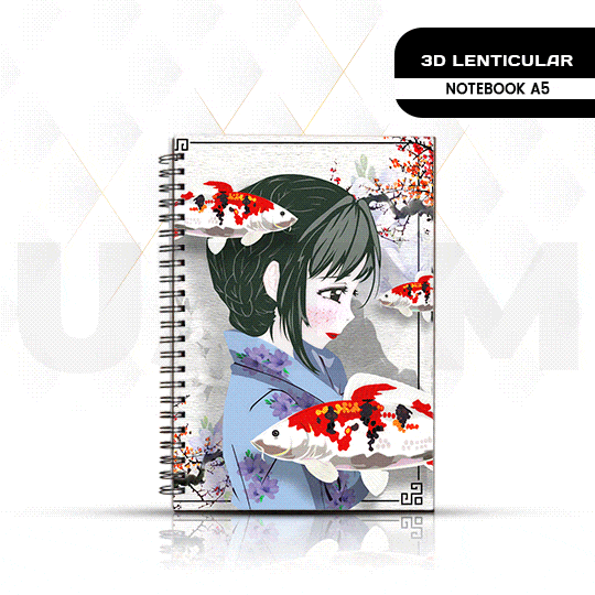 Ultra Koi Fish Japanese Girl 3D Lenticular Spiral Notebook Diary - A5 Size 100 Pages